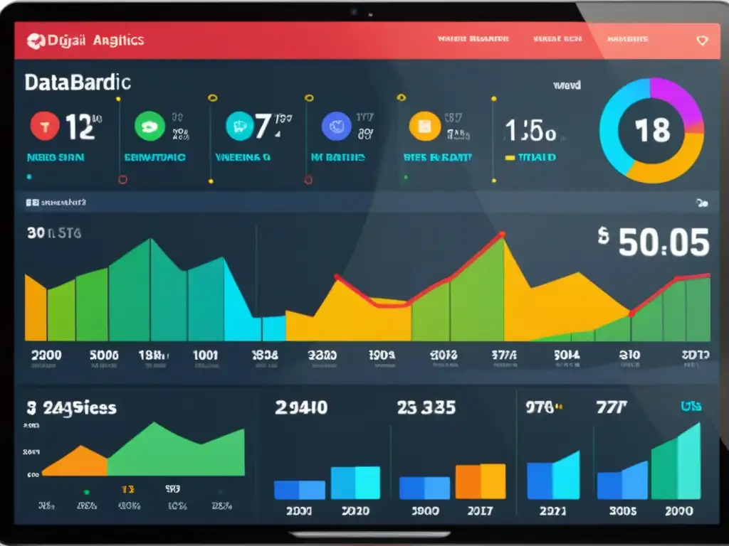 Un moderno panel de análisis digital muestra métricas de tráfico web, interacción de usuarios, tasas de conversión y clasificación de palabras clave