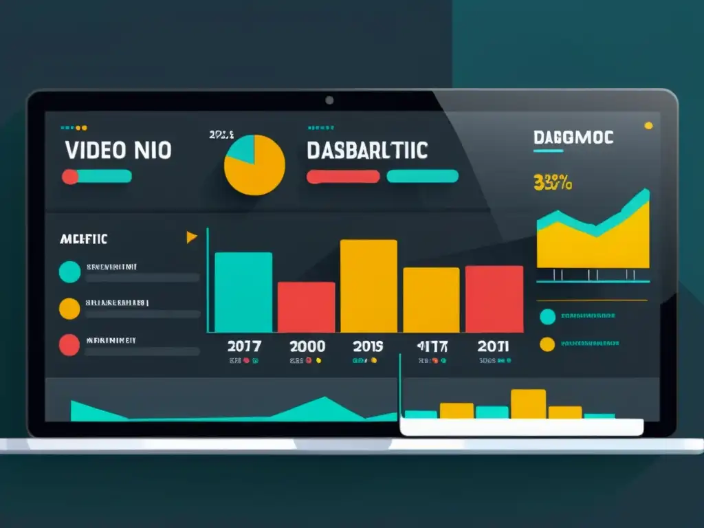 Un moderno panel de análisis de rendimiento en video marketing con gráficos geométricos y datos demográficos, de estética minimalista y impactante