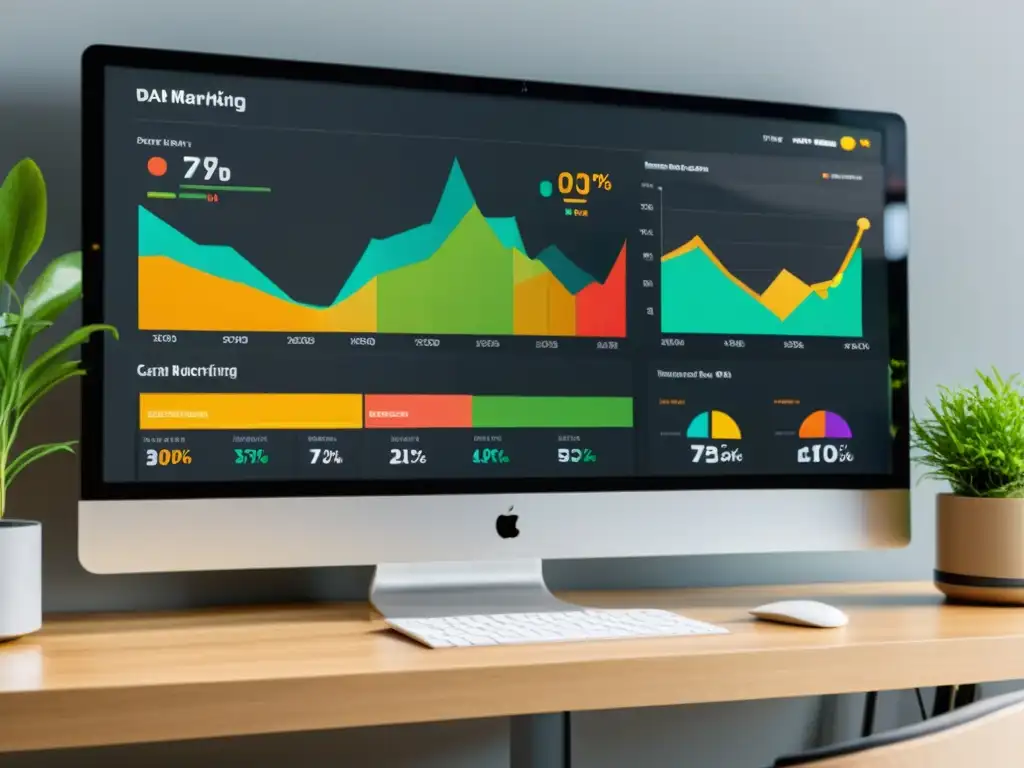 Un moderno panel de marketing digital muestra métricas y análisis en una pantalla de ordenador, destacando estrategias de marketing de contenidos