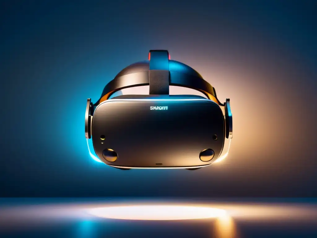 Un moderno auricular de realidad virtual suspendido en el aire, con iluminación sutil que resalta su diseño futurista