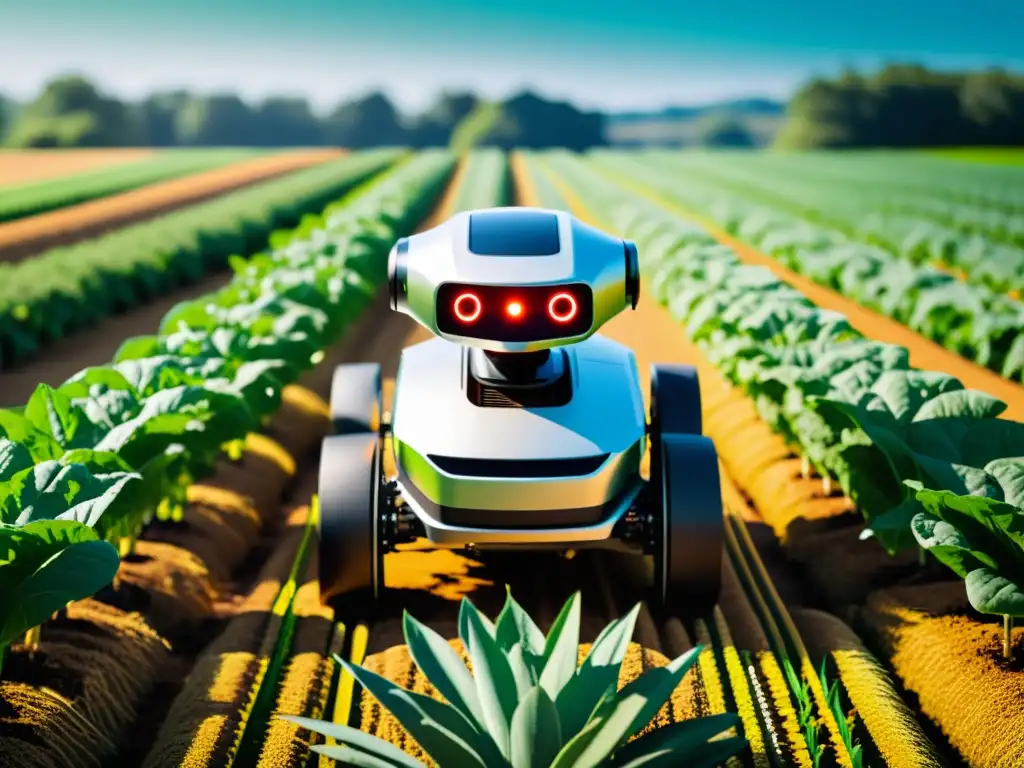 Un robot agrícola moderno con sensores y herramientas de precisión navega cuidadosamente un campo exuberante y vibrante