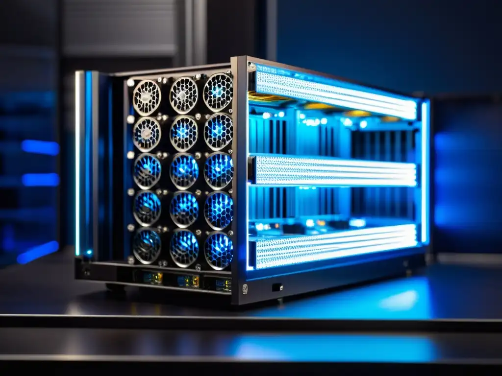 Un moderno y sofisticado equipo de minería de criptomonedas rentables iluminado por un suave resplandor azul en un fondo oscuro de alta tecnología