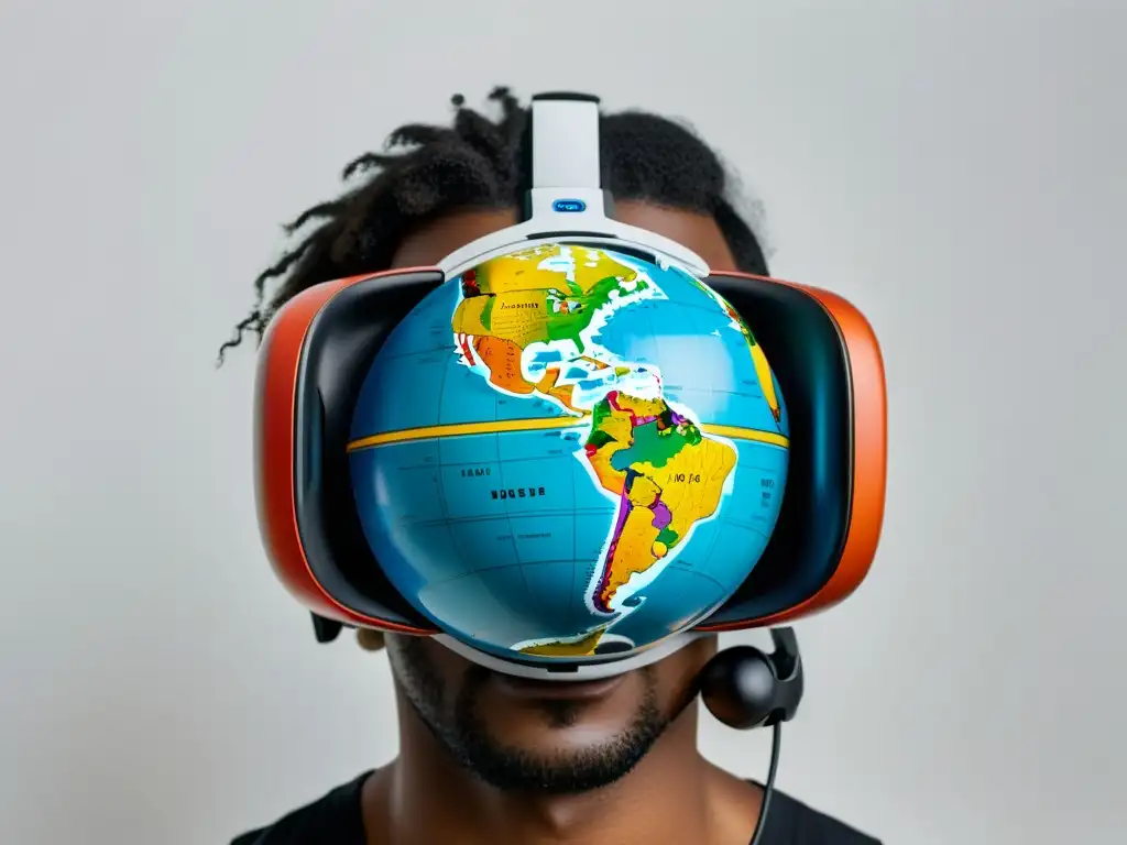 Un moderno visor de realidad virtual con un globo terráqueo proyectado, representando la adaptación de contenido RV/RA a culturas