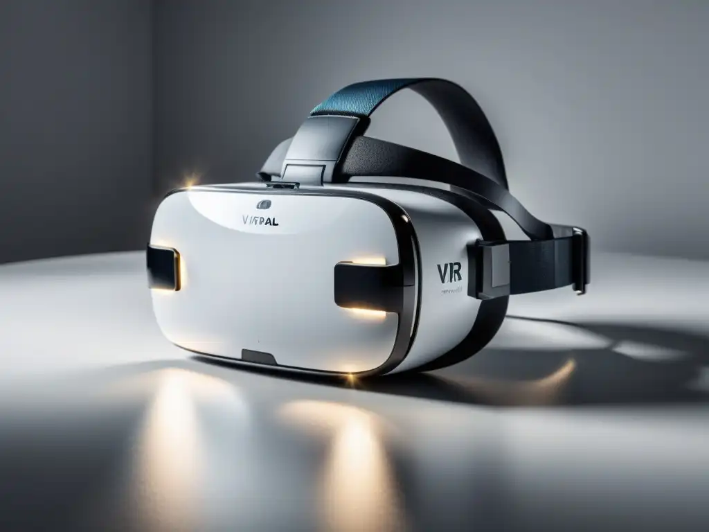 Un moderno visor de realidad virtual en una superficie blanca, con un diseño elegante y minimalista