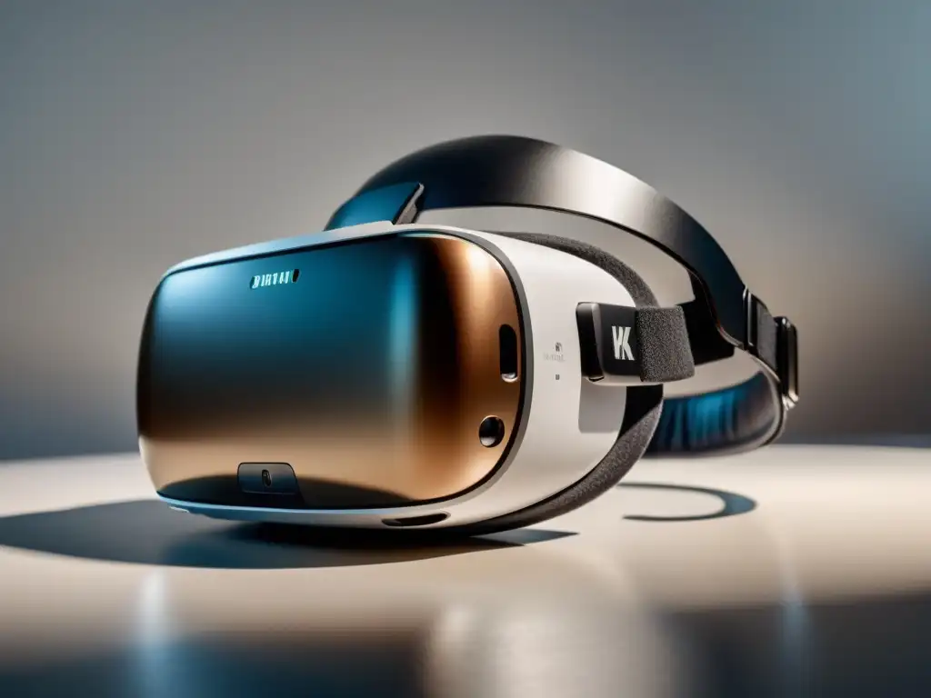 Un moderno visor de realidad virtual descansa sobre una superficie blanca, iluminado por luz natural