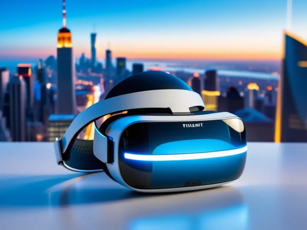 Un moderno visor de realidad virtual sobre una mesa blanca, con una ciudad futurista visible a través de las lentes