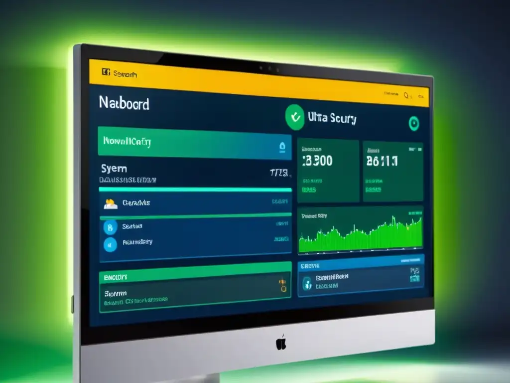 Monitor de computadora mostrando una avanzada seguridad de red con visualizaciones de datos y alertas de amenazas en tiempo real