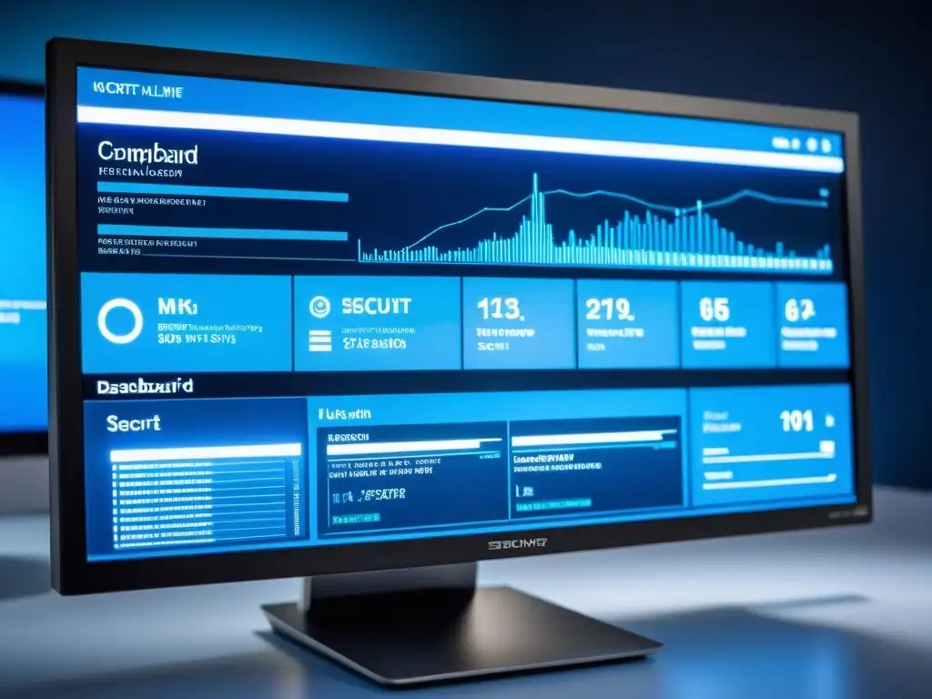 Un monitor futurista muestra un panel de seguridad en red en tiempo real con visualizaciones detalladas