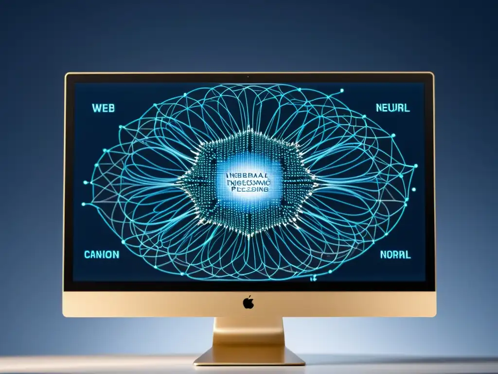 Monitor moderno muestra visualización impresionante de algoritmos de procesamiento del lenguaje natural en IA