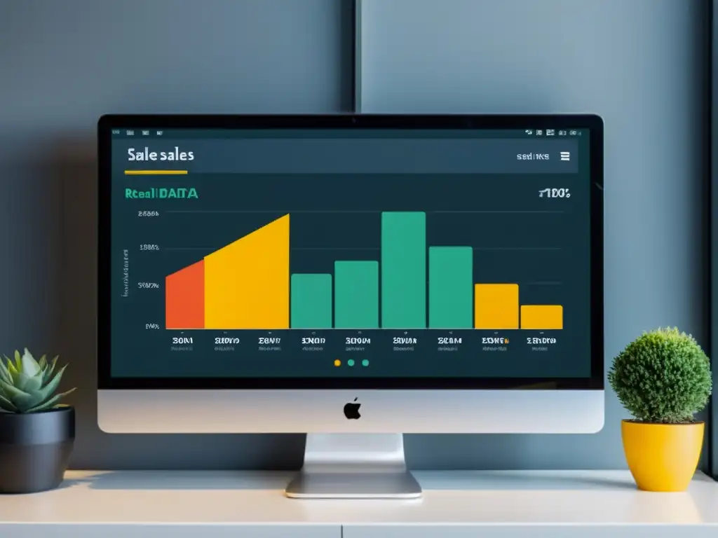 Monitor moderno muestra panel de datos de ventas de tienda con diseño sofisticado y herramientas de Big Data para Retailers