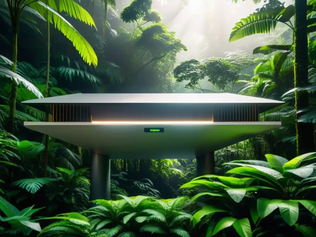 Estación de monitoreo ambiental en tiempo real integrada en exuberante selva tropical, tecnología avanzada y naturaleza en armonía