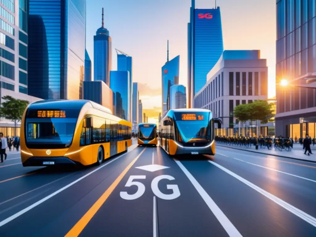 Conexión 5G: movilidad urbana sostenible en una ciudad futurista con buses eléctricos, bicicletas y modernos rascacielos al atardecer