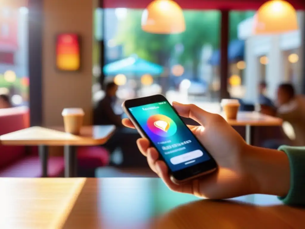 Una mujer en una cafetería tocando la pantalla de su smartphone con una interfaz dinámica