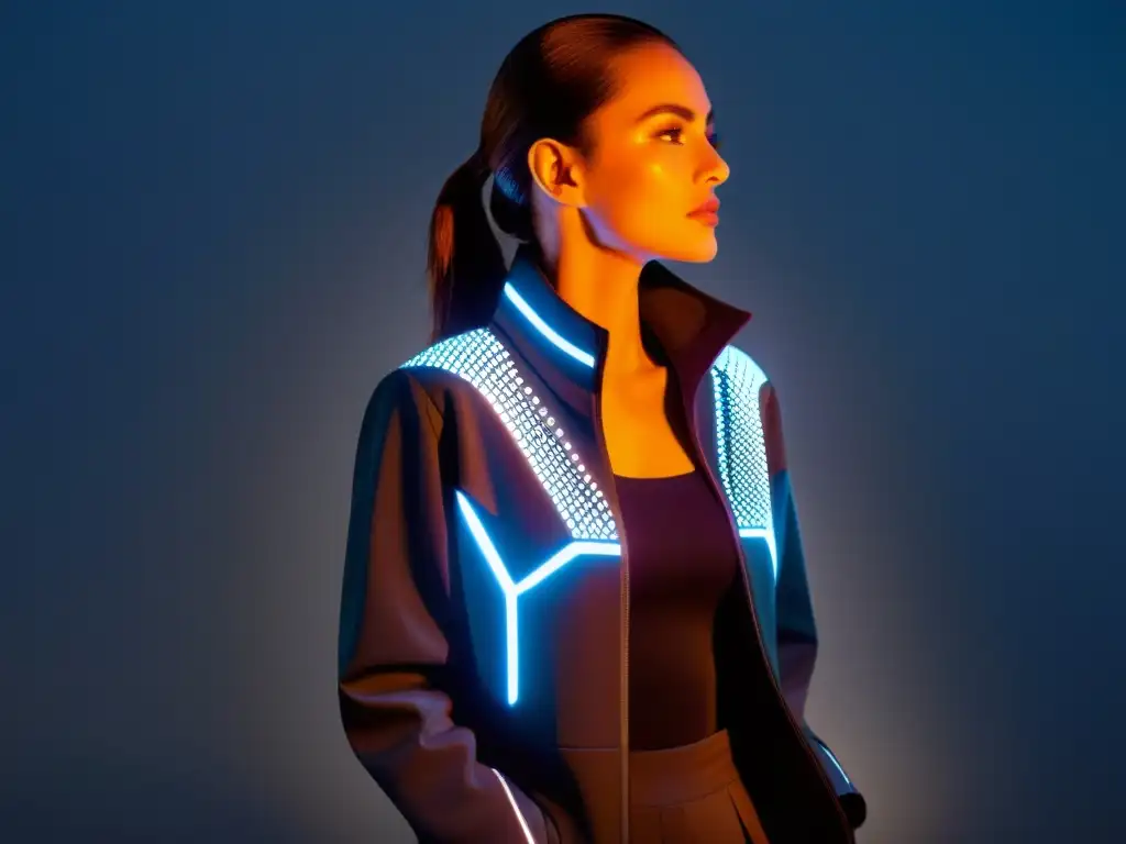 Una mujer lleva una elegante chaqueta inteligente con luces LED integradas que se iluminan en respuesta al entorno y los movimientos