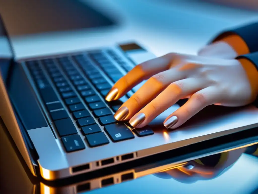 Mujer experta en ciberseguridad tecleando en laptop moderna, reflejo suave de la pantalla