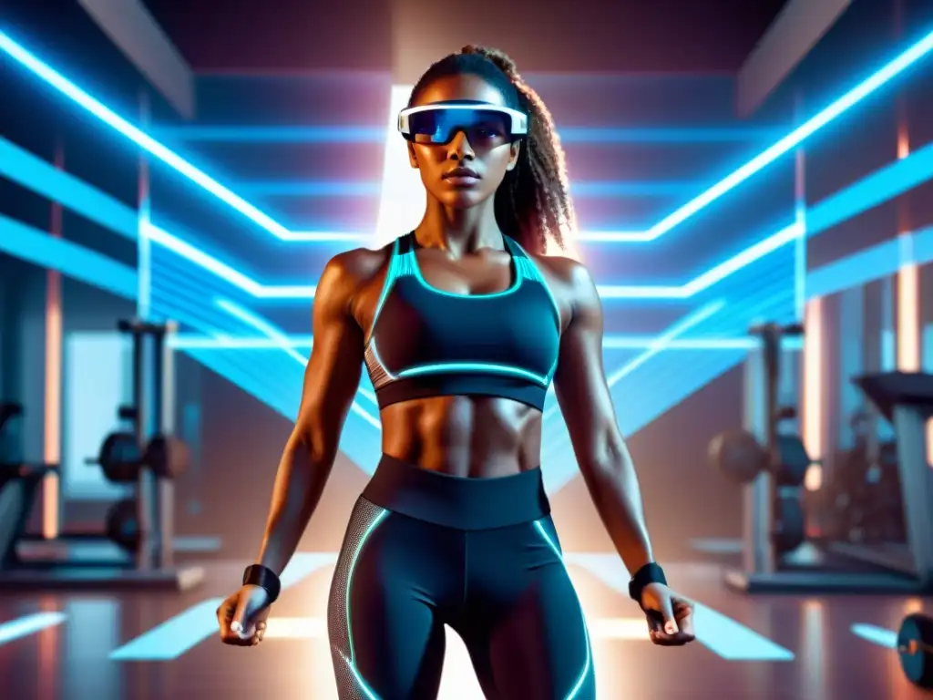 Una mujer con gafas de realidad aumentada y atuendo deportivo en un gimnasio moderno con datos holográficos y entrenadores virtuales