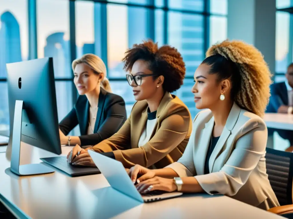 Mujeres de diversas edades y etnias colaborando en un proyecto de blockchain en un espacio moderno y luminoso