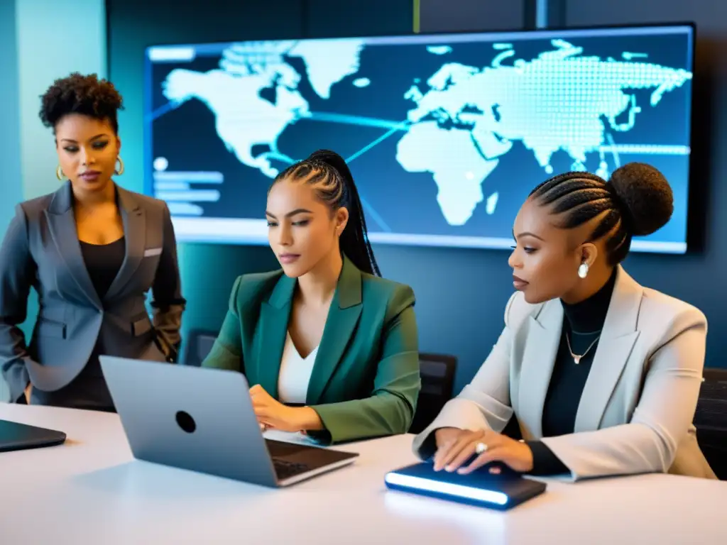 Mujeres en un taller de ciberseguridad, dominando tecnologías emergentes y colaborando con determinación y confianza