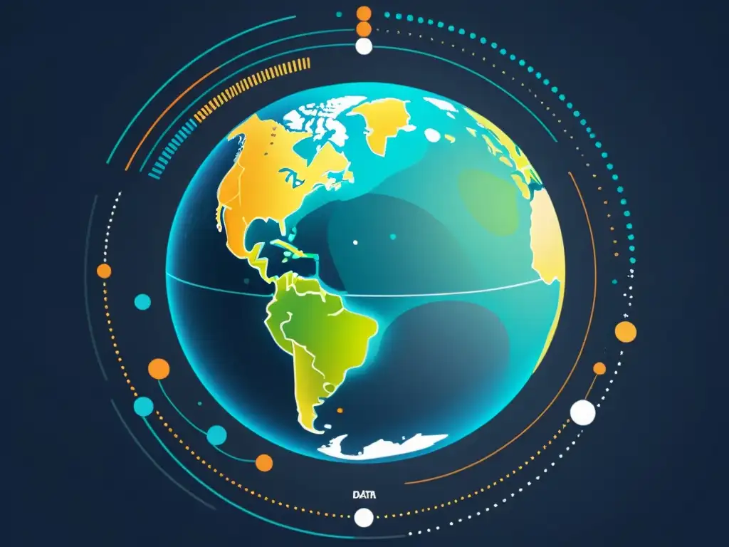 Un mundo conectado: la Tierra en tonos frescos con datos y gráficos, representando la analítica de Big Data para cambio climático