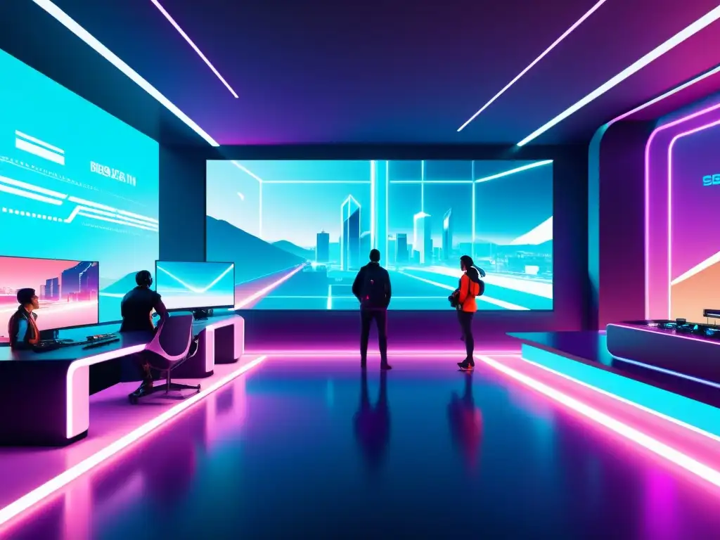 Un mundo virtual futurista con aplicaciones de blockchain en videojuegos, colores neon y arquitectura innovadora