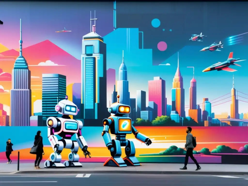 Un mural futurista de IA en el Arte Callejero con robots y artistas humanos fusionando tecnología y creatividad en una ciudad vibrante