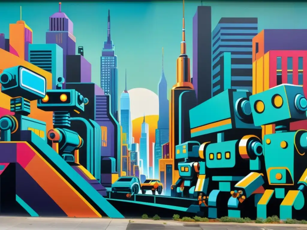 Un mural futurista con robots IA integrados en una ciudad decadente