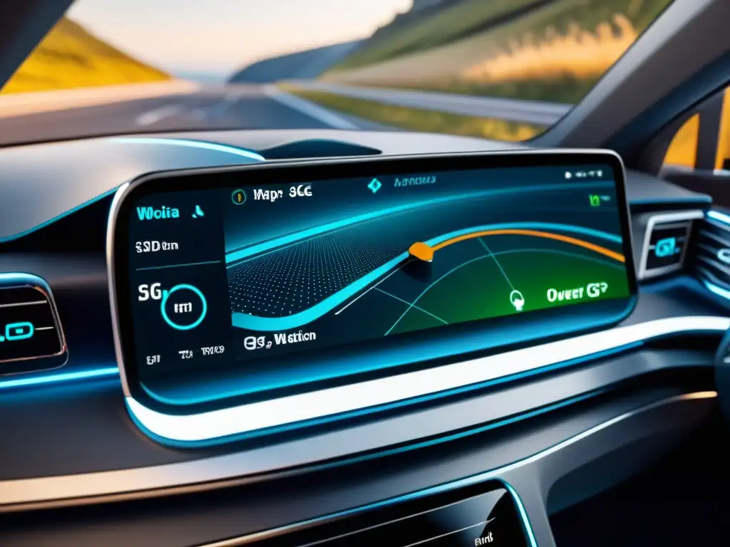 Navegación de precisión con redes 5G: Panel de auto futurista con mapa 3D, indicadores iluminados y flujo de datos integrados