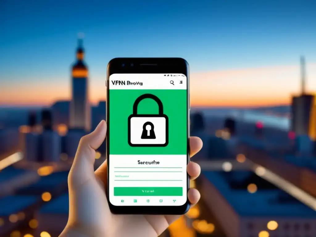 Navegación segura en redes públicas móviles: smartphone con VPN y símbolo de candado, interfaz moderna y ciudad de fondo difuminada
