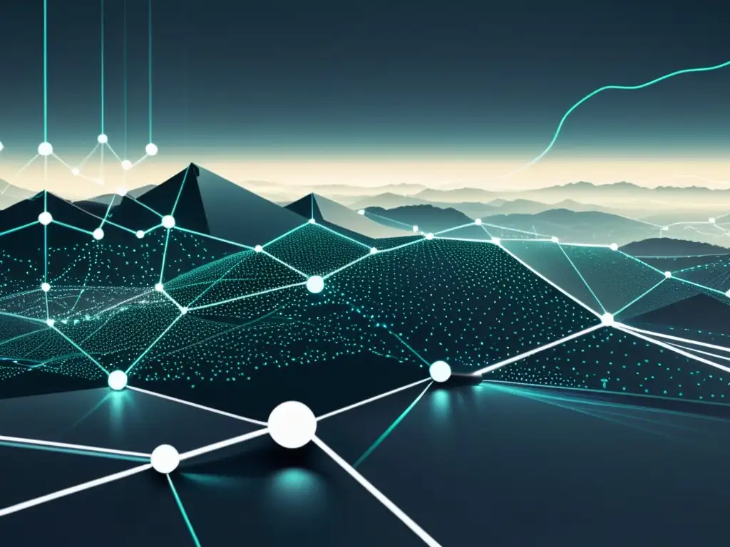 Navegación segura en tecnologías emergentes: Ilustración futurista y minimalista de un paisaje digital interconectado con elementos de ciberseguridad sutiles, transmite sofisticación y seguridad