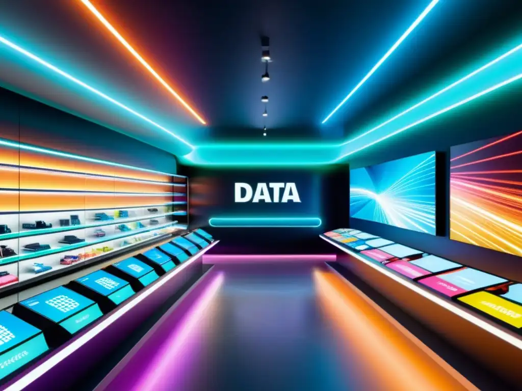 Transformación del negocio mediante Big Data: Visualización futurista de una tienda con flujos de datos vibrantes y modernos elementos interactivos