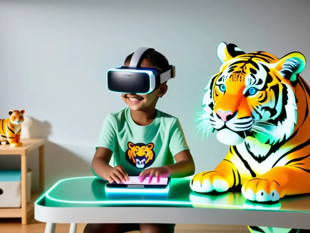 Un niño feliz interactuando con un tigre holográfico a través de lentes de realidad virtual