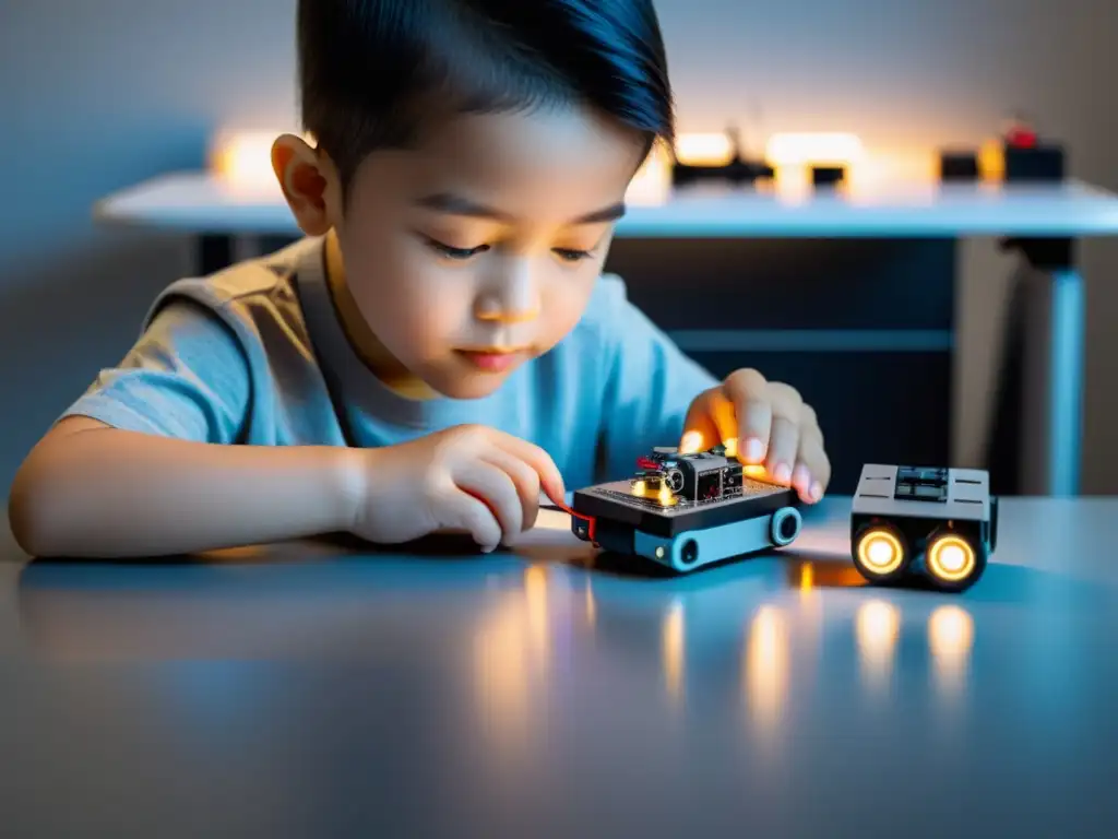 Un niño monta un kit de robótica con determinación en una mesa bien iluminada