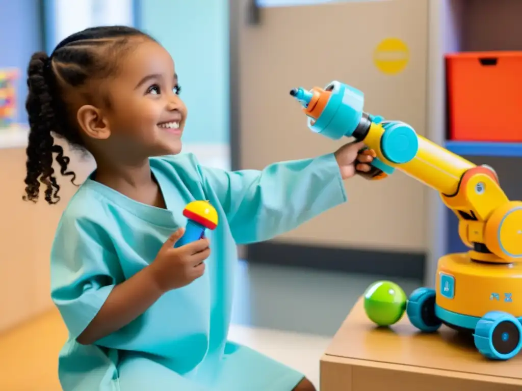 Un niño sonriente en bata de hospital juega con un robot, rodeado de un ambiente acogedor y colorido