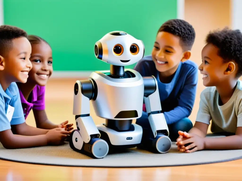 Niños participando en actividad con robot amigable, fomentando el desarrollo de habilidades sociales con robots en entorno educativo moderno