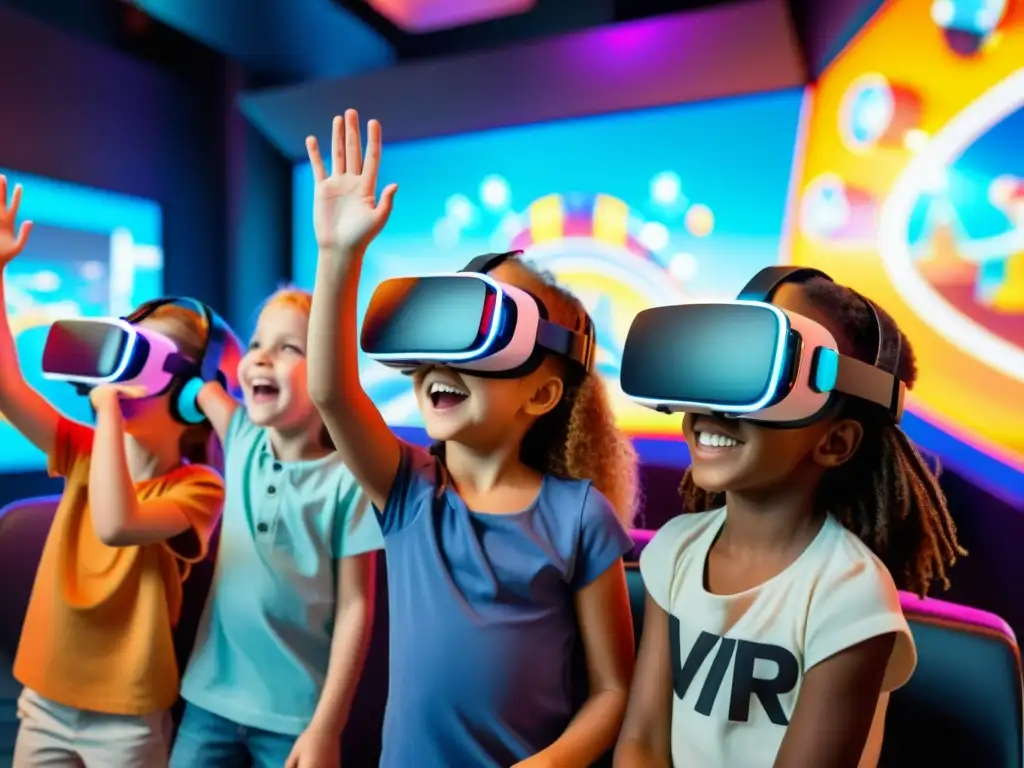 Niños emocionados exploran parques temáticos en realidad virtual, con luces coloridas y diseños futuristas, expresando alegría y asombro