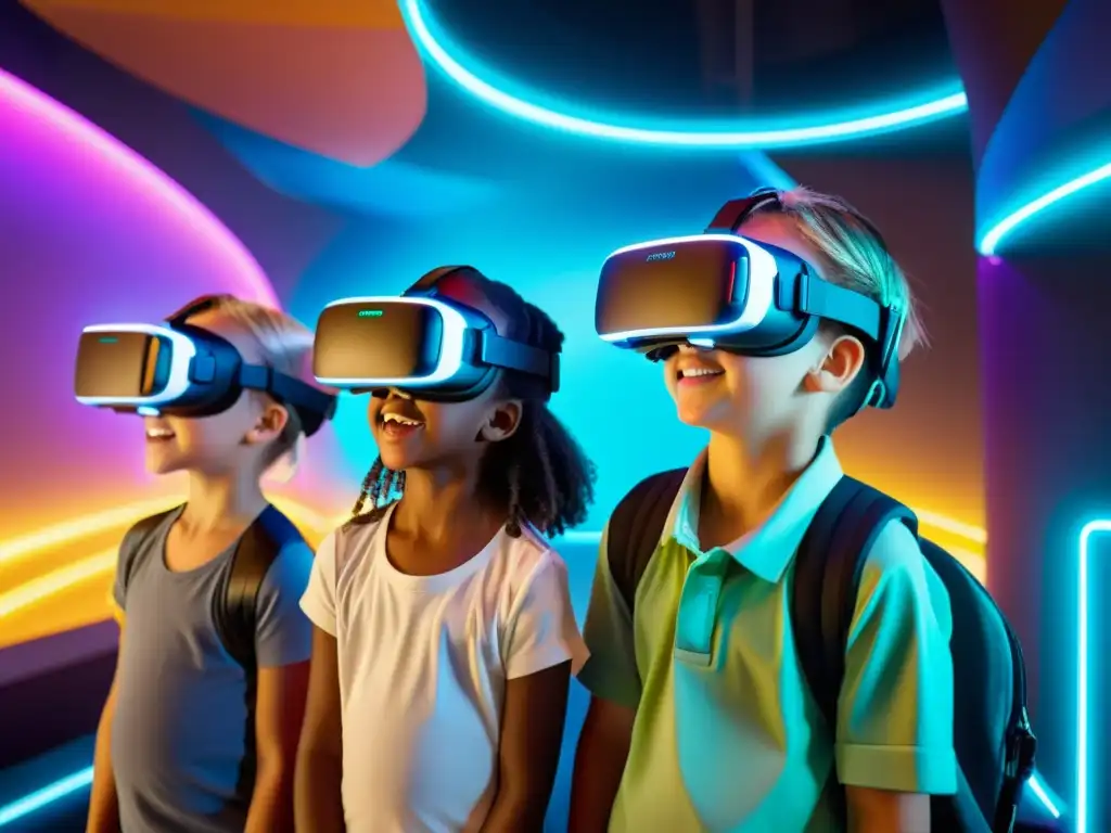 Niños emocionados experimentando realidad virtual en parque temático futurista