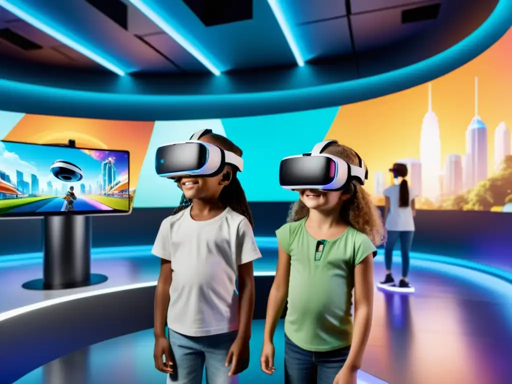 Niños emocionados disfrutan de realidad virtual en parque futurista Niños emocionados disfrutan de la Realidad Virtual en un parque temático futurista lleno de tecnología y diversión