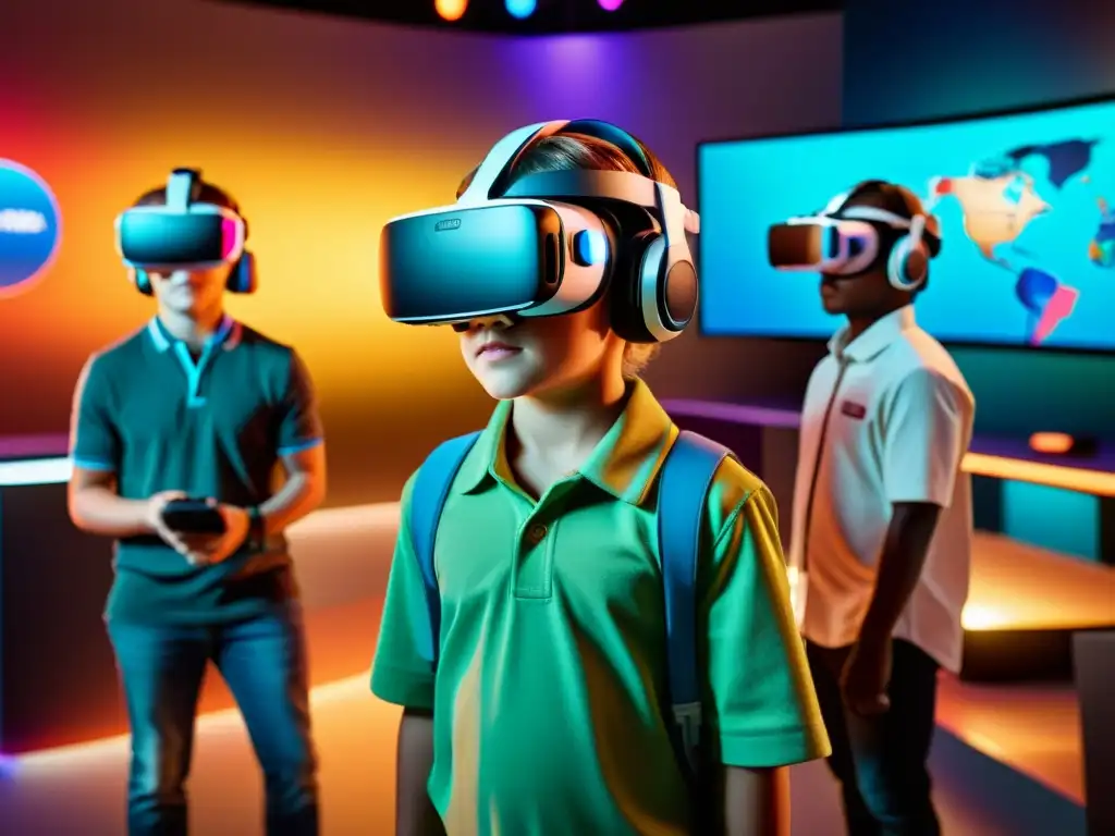 Niños emocionados experimentan videojuegos educativos en realidad virtual en un aula llena de tecnología futurista y elementos educativos coloridos