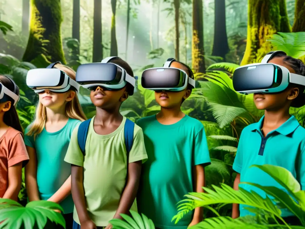 Niños escolares experimentan concienciación ambiental en realidad virtual, explorando un bosque virtual lleno de vida y color