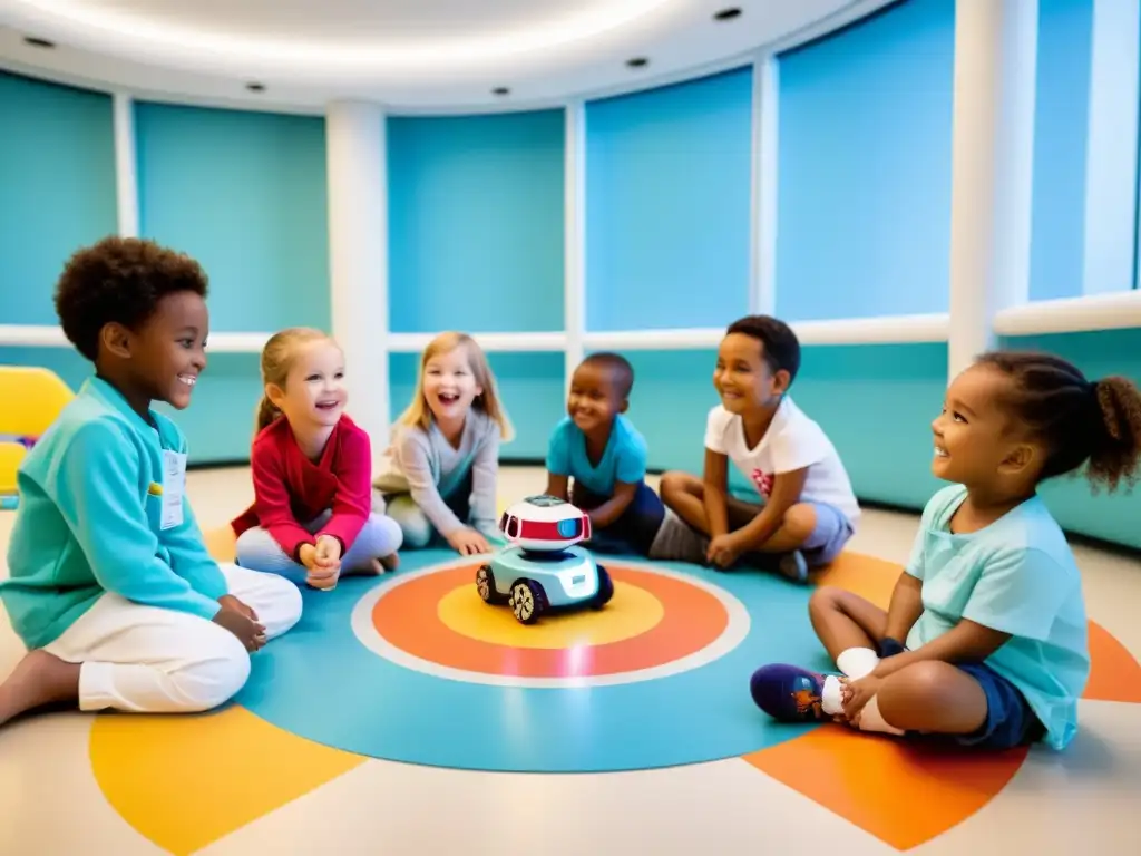 Niños felices interactúan con robots amigables en hospital