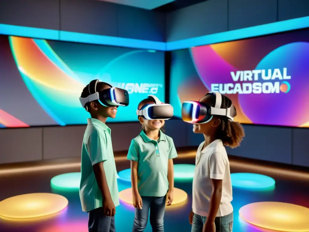 Niños felices usando videojuegos educativos en realidad virtual, con hologramas coloridos en un aula futurista