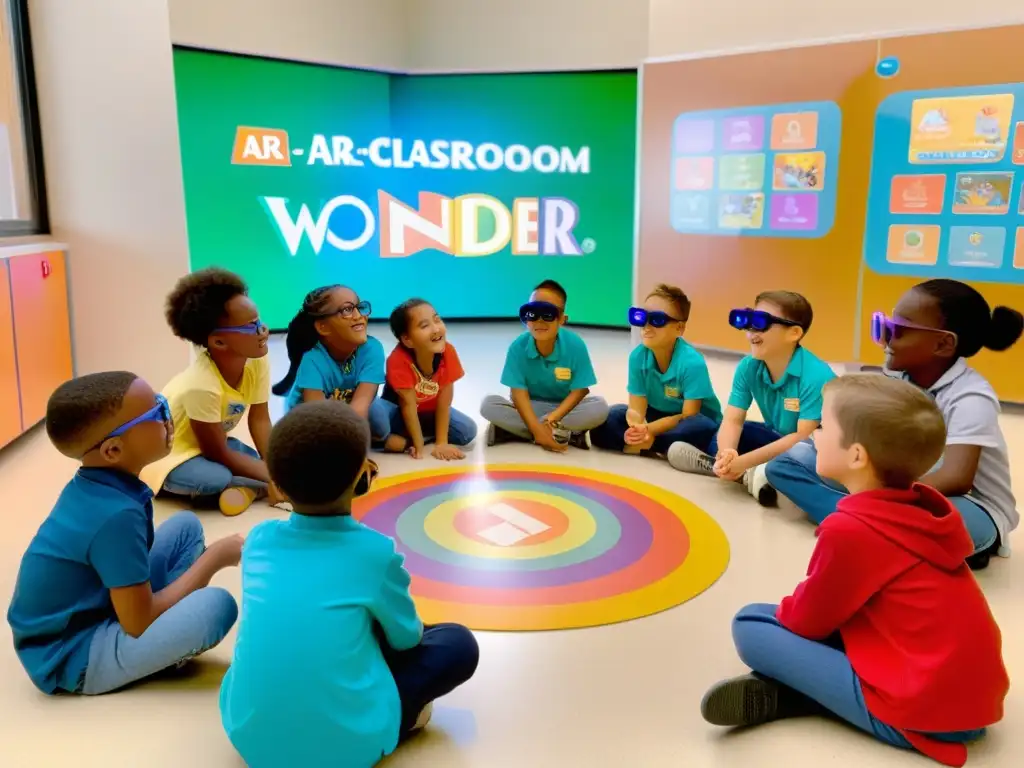 Niños usando juguetes de realidad aumentada educativos en un aula luminosa llena de color y diversión