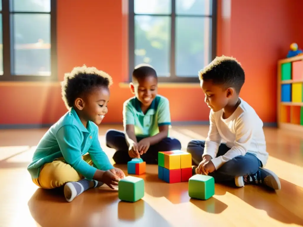 Niños construyendo y programando robots en un aula llena de coloridos bloques, promoviendo consideraciones éticas educación robótica infantil