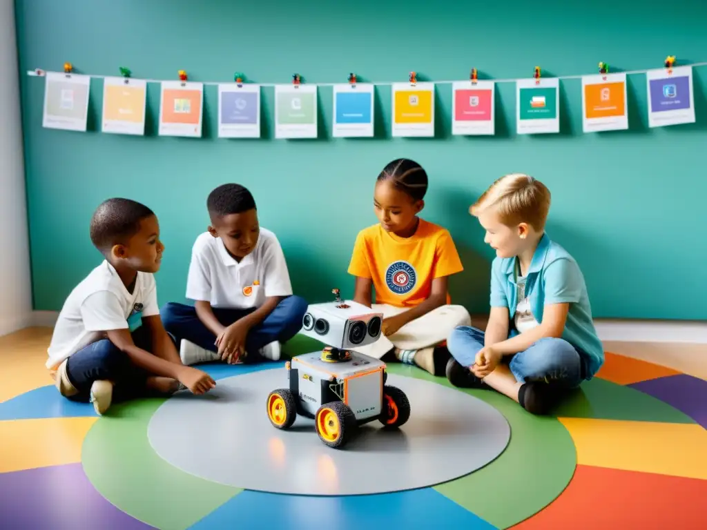 Niños construyen y programan robots en clase, discutiendo consideraciones éticas