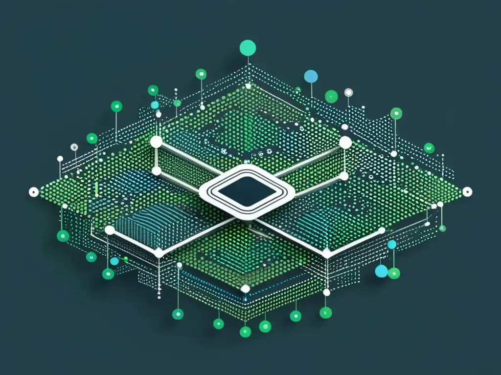 Interconexión de nodos en arte digital abstracto, reflejando la importancia de la identidad digital en blockchain con tonos grises, azules y verdes