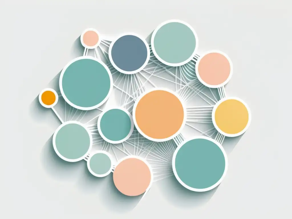 Red interconectada en tonos pastel: análisis de redes sociales Interconexión de nodos y líneas en colores pastel sobre fondo blanco