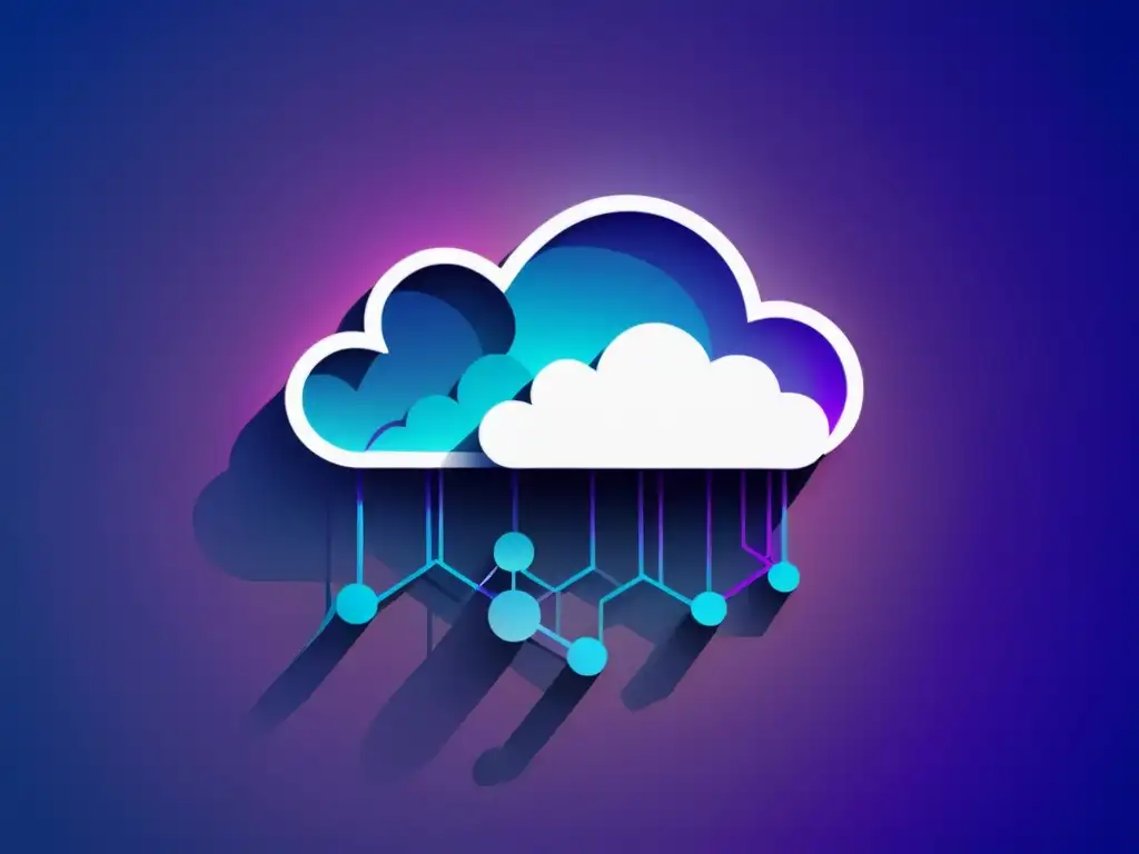 Un nube de datos interconectados en tonos de azul y morado, simbolizando estrategias avanzadas en la nube