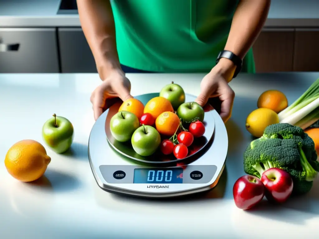 Nutricionista profesional pesando alimentos en balanza de cocina, con frutas y verduras frescas