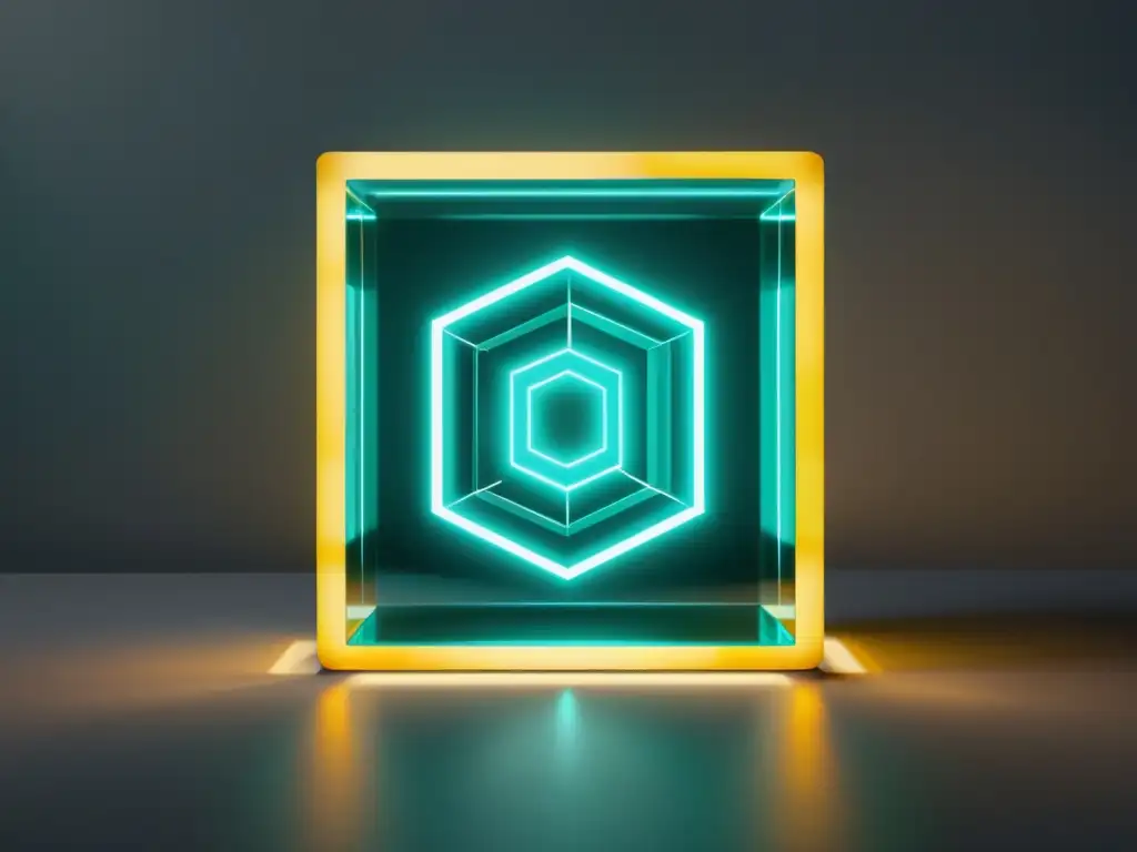 Una obra digital minimalista que fusiona el blockchain con arte clásico, creando una atmósfera de modernidad y tradición en 'Blockchain en el arte'