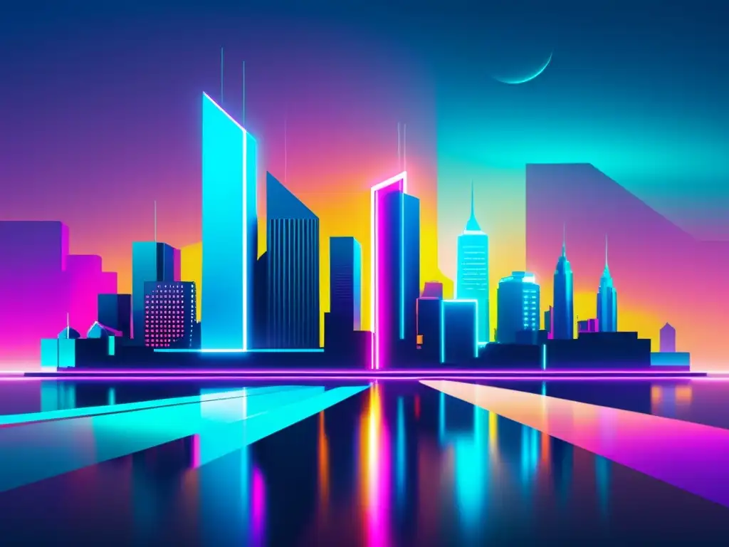 Una obra digital minimalista con una ciudad futurista en formas geométricas y colores neón, rodeada de misterio y modernidad